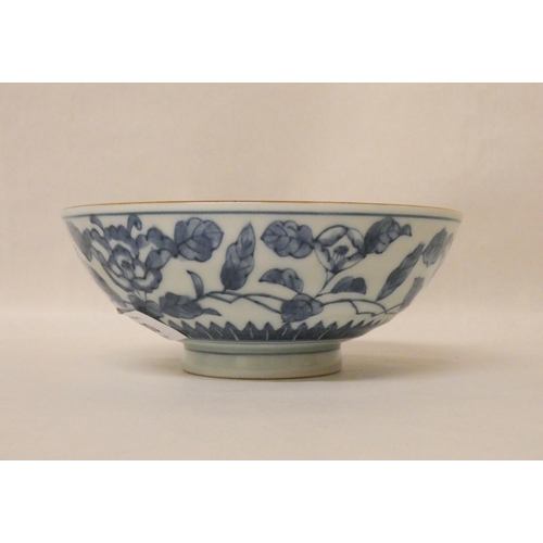 280 - Antique Japanese blue and white bowl with character marks to base, 15cms across