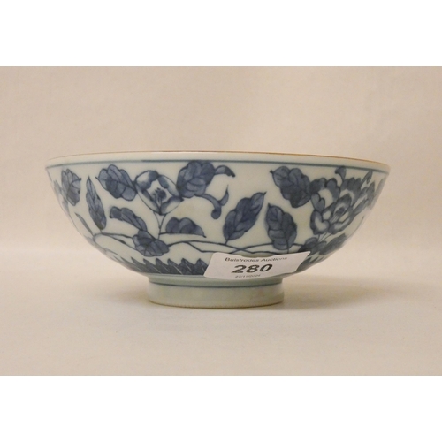 280 - Antique Japanese blue and white bowl with character marks to base, 15cms across