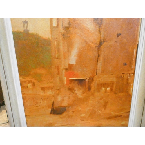 298 - A large 20th century oil on board entitled Picardy Place, signed Halliday, dated 1974, framed. Image... 