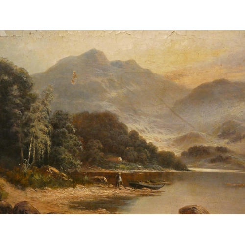 337 - A late 19th century oil on canvas painting of a lake land scene with rowing boat to the foreground. ... 