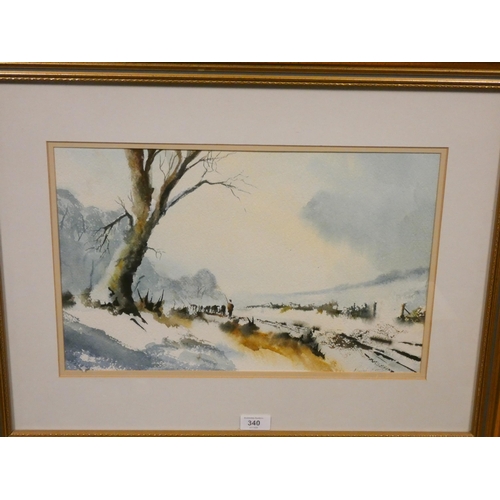 340 - A modern watercolour of a winter scene of a farmhand driving cattle,  signed lower right, Ralph Leap... 