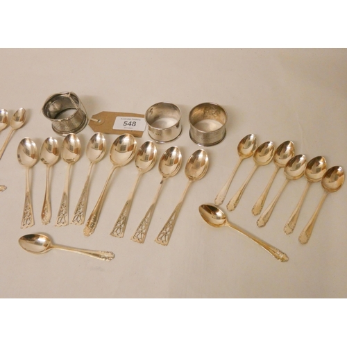 548 - Fifteen matching silver coffee spoons, jam spoon, six silver tea spoons and three silver napkin ring... 