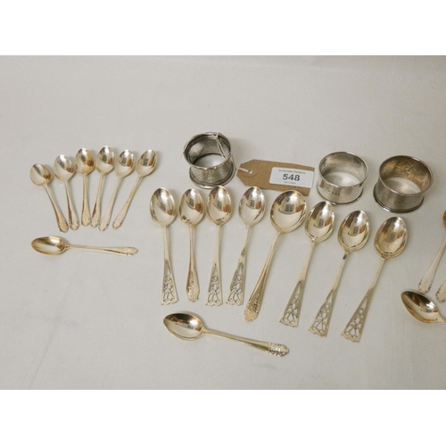 548 - Fifteen matching silver coffee spoons, jam spoon, six silver tea spoons and three silver napkin ring... 