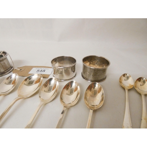 548 - Fifteen matching silver coffee spoons, jam spoon, six silver tea spoons and three silver napkin ring... 