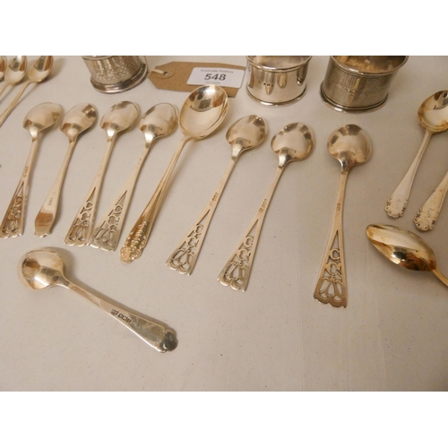 548 - Fifteen matching silver coffee spoons, jam spoon, six silver tea spoons and three silver napkin ring... 