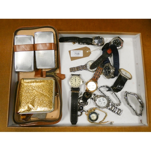 758 - A collection of gents wristwatches and a cased travelling set