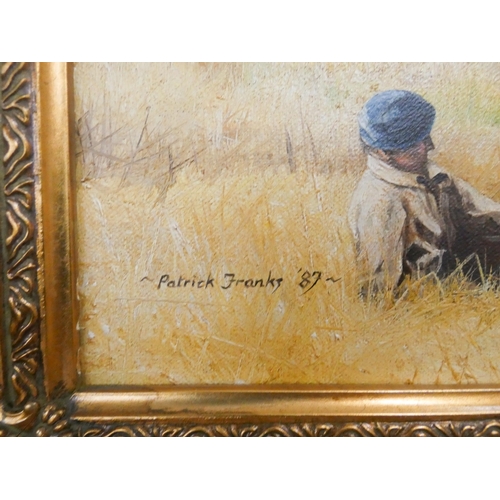 16 - A gilt framed oil painting of harvest landscape scene signed Patrick Franks 87, image size 19 1/2