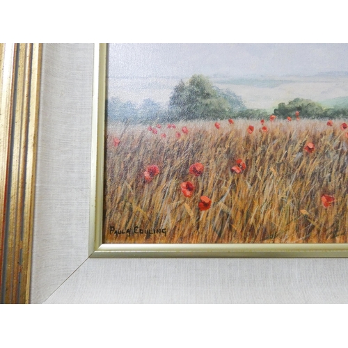 22 - A gilt framed oil painting of Poppies in a landscape, signed Paula Couling, image size 12