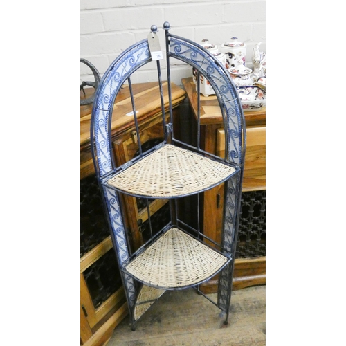 26 - A blue and white china inset metal two tier corner Whatnot with cane shelves and a large pine framed... 