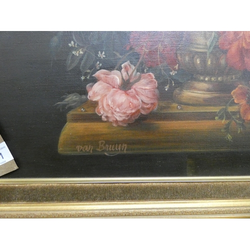 31 - A gilt framed oil painting of a still life signed Van Bruyn, image size 20