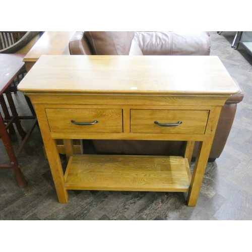 56 - A modern light oak two tier hall table fitted two drawers, 3' wide