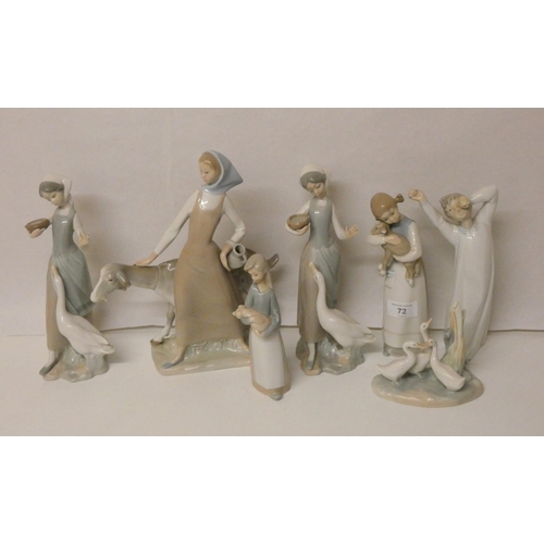 72 - Six various Lladro figure ornaments and a Nao ornament