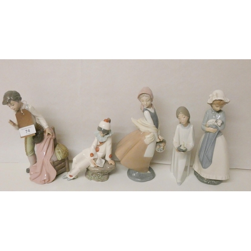 74 - Two Lladro figure ornaments and three Nao figures