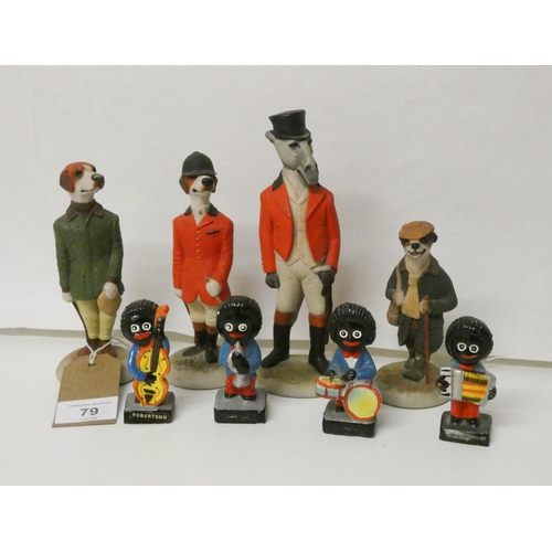 79 - Four Huntsman fox figures and four Robertsons advertising figures