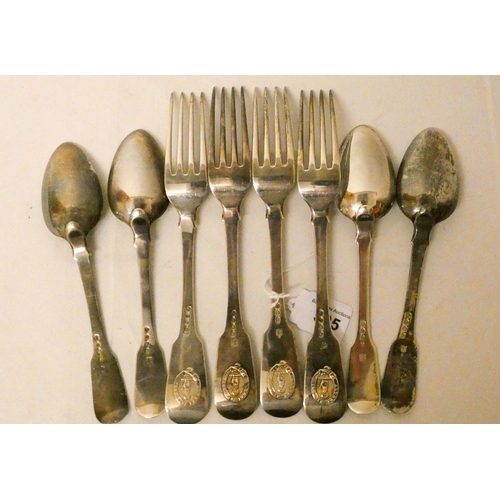 505 - Four regency silver dessert spoons and four table forks, London 1815, with armorials, William Eley &...