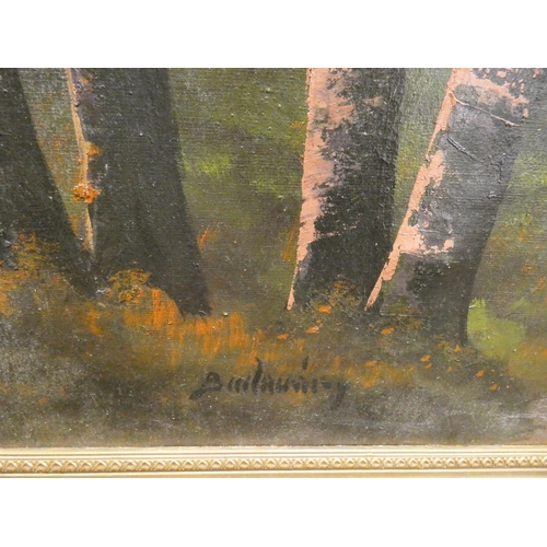 263 - A large continental oil on canvas painting of deer grazing in a woodland, signed indistinctly lower ... 