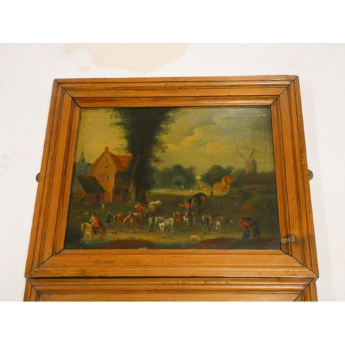 264 - A pair of Dutch school oil on board paintings of market scenes with windmill in the background, imag... 