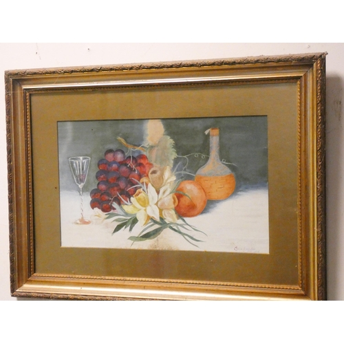 265 - A watercolour of a still life and a wine glass, signed Chris Browne, dated 1908, image size 10