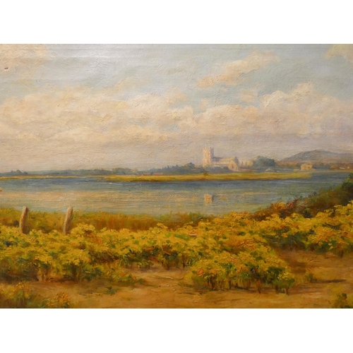 268 - William Edmund Benger oil on canvas of Christchurch Priory from the marshes, signed lower left, imag... 