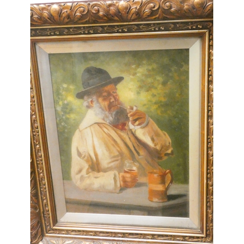 273 - An oil on canvas painting of a farmer smoking a pipe and drinking cider, signed lower right by J Mor... 