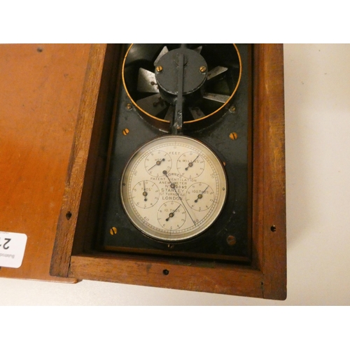 213 - A Lownes patent ventilation anemometer by Stanley, numbered 2042, in its fitted mahogany box