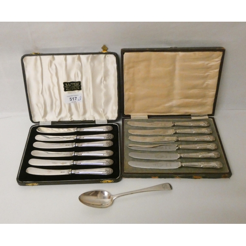 517 - A case set of six silver handled pastry knives, a silver dessert spoon and a small set of silver han... 