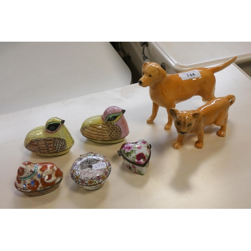 744 - Collectables to include a Beswick dog ornament, a Beswick lion cub, four decorative enamel pill boxe... 