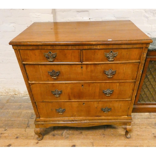 16 - A Georgian walnut chest of three long and two short drawers with brass handles standing on cabriole ...