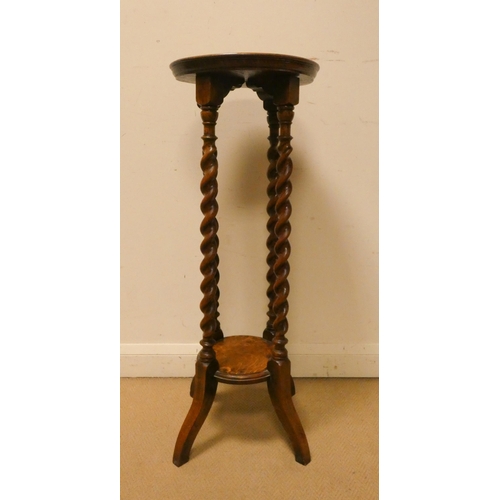 2 - A two tier circular oak plant or bust pedestal on barley twist columns