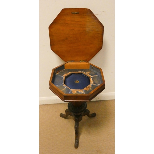 28 - A Victorian octagonal inlaid walnut worktable on tripod base...