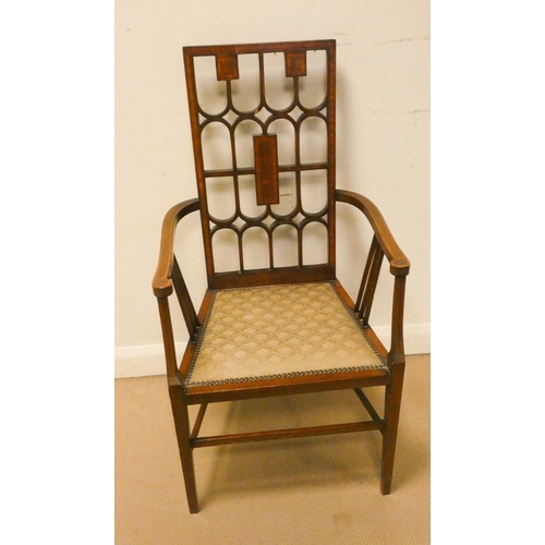 38 - An Edwardian inlaid mahogany elbow chair with green upholstered seat