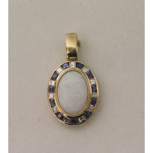 647 - An opal, sapphire and diamond oval pendant enhancer, bespoke made in 18ct yellow gold. Unmarked. Ope... 