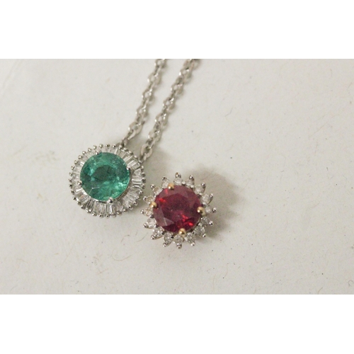 594 - Modern emerald and diamond cluster pendant on 18ct white gold chain, together with a similar 9ct rub... 