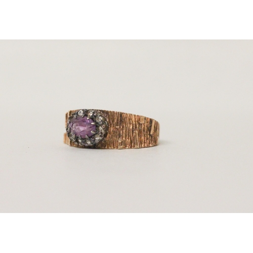 601 - A 9ct rose gold amethyst and diamond oval cluster ring, hallmarked. Ring size T, weight 5 grams.