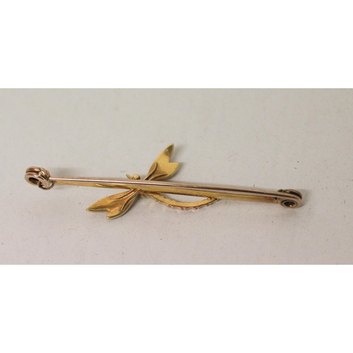 606 - A Victorian yellow gold turquoise and pearl set dragonfly bar brooch. In fitted box. 68mm long, unma... 