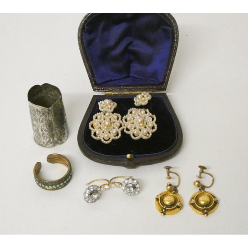 608 - Three pairs of 19th century drop earrings to include seed pearl cluster in fitted box, a silver coll... 