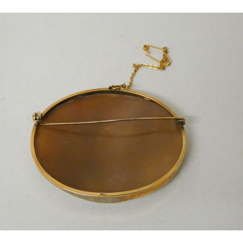 611 - A large oval shell cameo brooch in 9ct gold frame. 59mm across