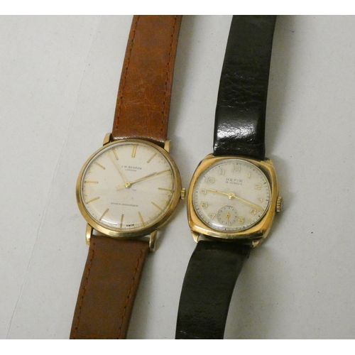 620 - A Gents J W Benson 9ct gold cased vintage wristwatch on brown leather strap and a smaller gold cased... 