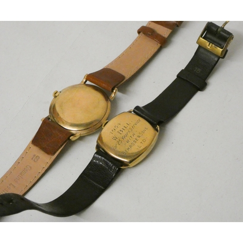 620 - A Gents J W Benson 9ct gold cased vintage wristwatch on brown leather strap and a smaller gold cased... 