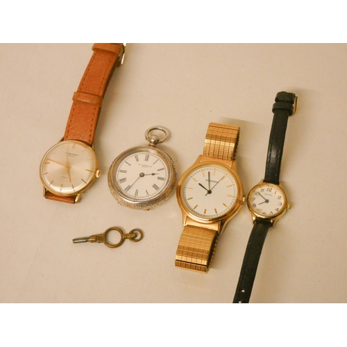 621 - J W Benson vintage wristwatch, a silver fob watch, watch key, and two modern quartz wristwatches.