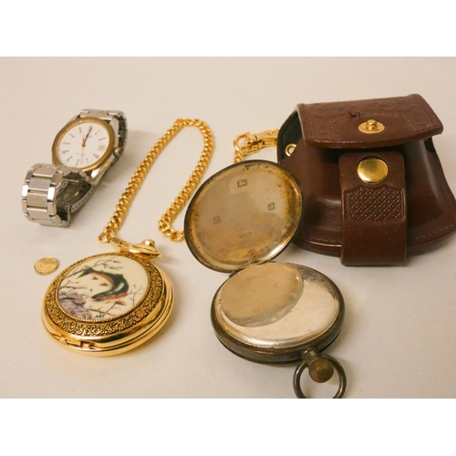 622 - Modern gilt metal fly fishing decorated pocket watch with chain, a Victorian silver half hunter pock... 