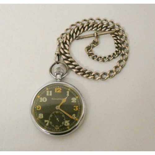 626 - A Jaeger-LeCoultre military keyless pocket watch, the black dial with Arabic numerals and seconds su... 