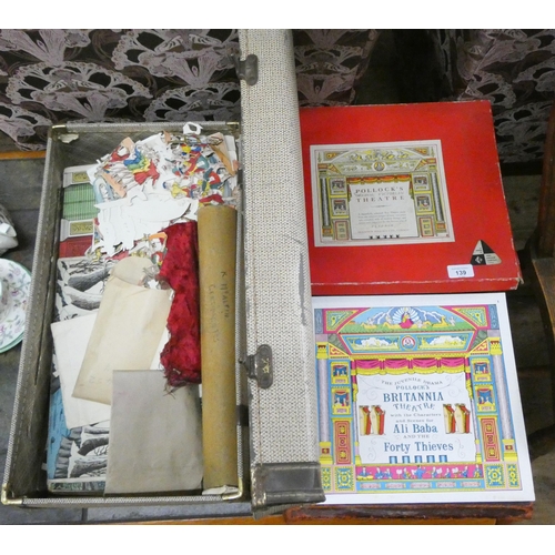 139 - A fold out Pollocks' Victorian model theatre in original box with a vintage suitcase filled with mor... 