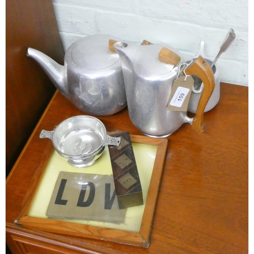 159 - A four piece Piquet ware tea set, a plated porringer, dice in box etc