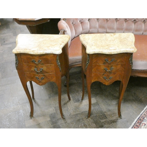 200 - A pair of French inlaid kingwood and brass mounted bedside cabinets with beige figured marble shaped... 