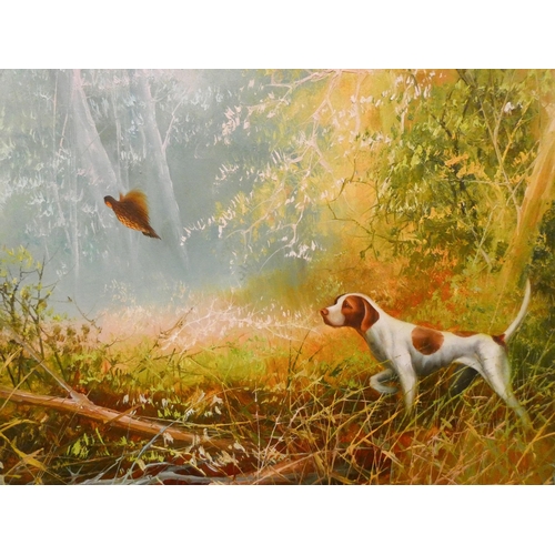 277 - A large 20th century oil on canvas painting of a pointer dog flushing game, signed lower right, L El... 