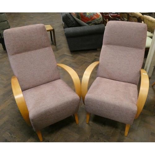 293 - A pair of light wood framed open arm occasional chairs, upholstered in a heather linen fabric