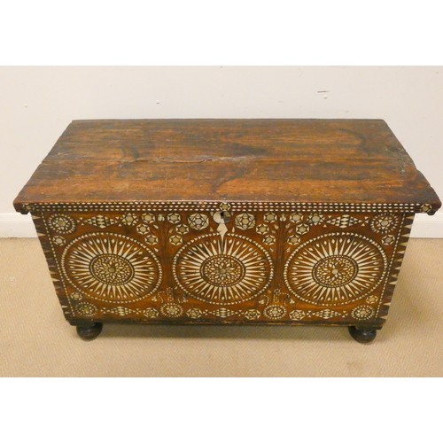 348 - An unusual 19th century Moorish bone inlaid coffer chest, lifting top measures 41