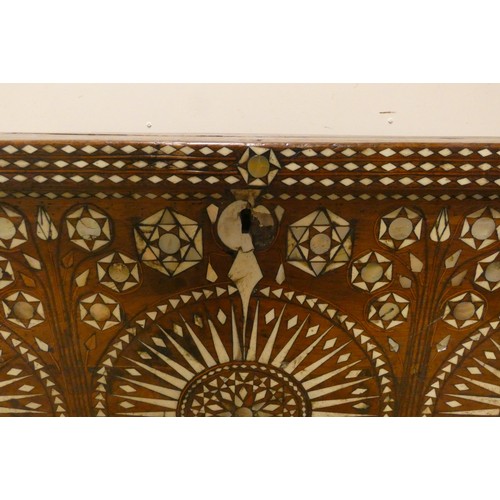 348 - An unusual 19th century Moorish bone inlaid coffer chest, lifting top measures 41