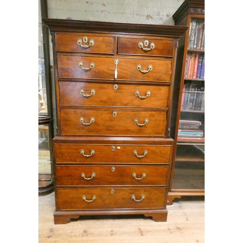 351 - A Georgian mahogany chest on chest, the upper section fitted two short and three long drawers, with ... 